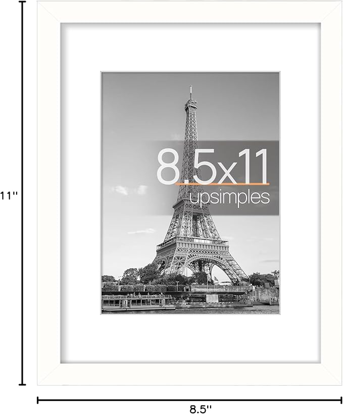 upsimples 8.5 By 11 Picture Frame, Display Pictures 6x8 with Mat or 8.5 x 11 Without, Wall Hanging Photo Frames, White, 1 Pack