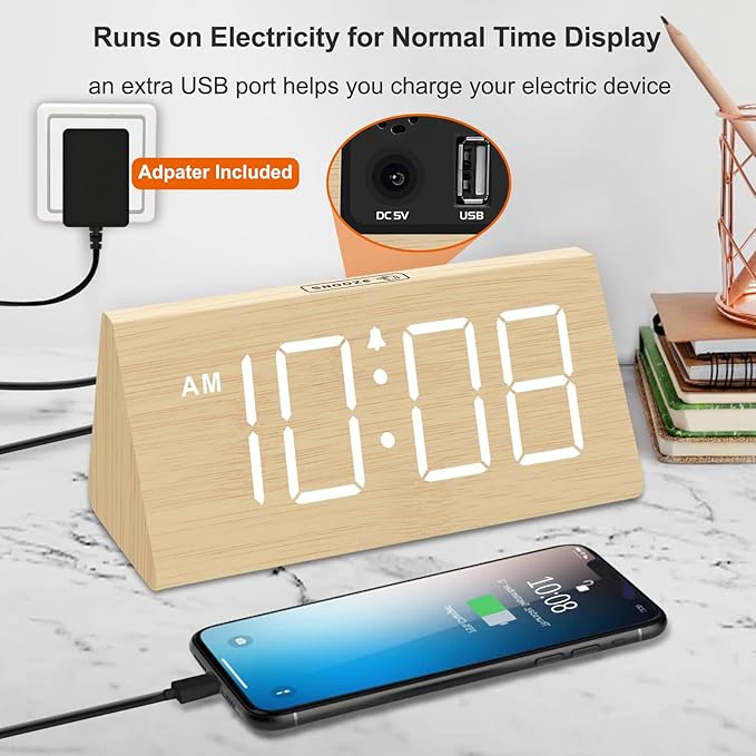 DreamSky Wooden Digital Alarm Clocks for Bedrooms - Electric Desk Clock with Large Numbers, USB Port, Loud Alarm for Heavy Sleepers, Adjustable Volume, Dimmer, Snooze, DST, Wood D??cor, Adapter Powered