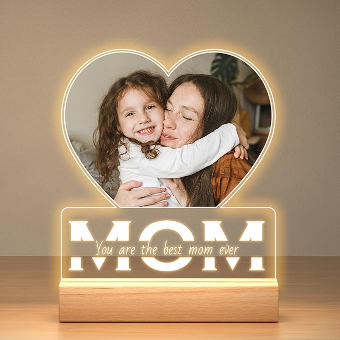 Personalized Gifts for Mom from Daughter and Son, Custom Picture Frames with Photo, Personalized Photo Frame with Night Light, Customized Mom Birthday Gifts