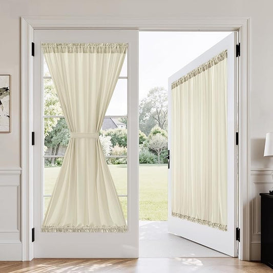 MIULEE Non-See-Through French Door Curtains for Doorway, Privacy Semi Sheer Curtains for French Doors, Light Filtering Rod Pocket Window Drapes with Tie Back, Ivory, 54 x 72 inches, 2 Panels