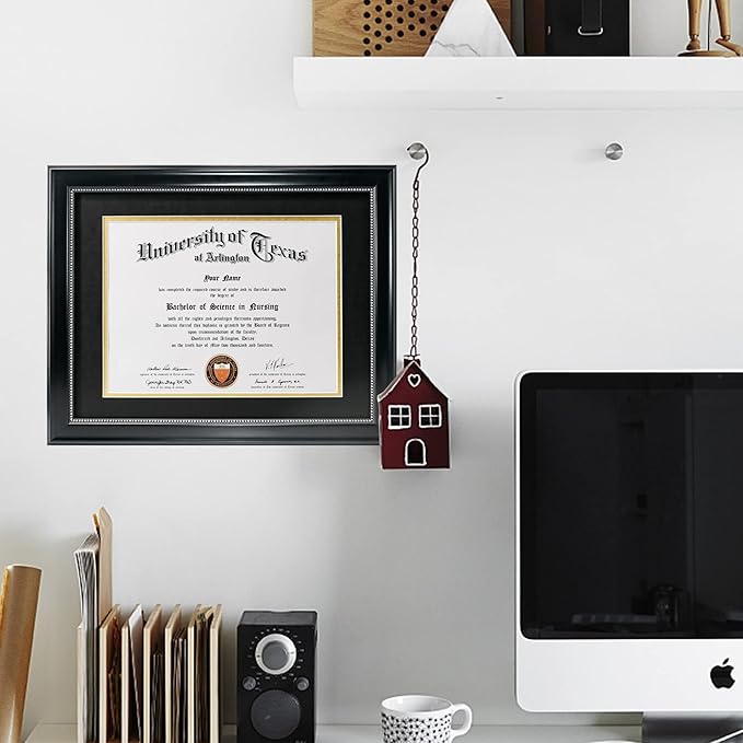 GraduationMall 8.5x11 Diploma Frame with Black over Gold Mat or Display 11x14 Document without Mat, UV Protection Acrylic, Black with Silver Beads