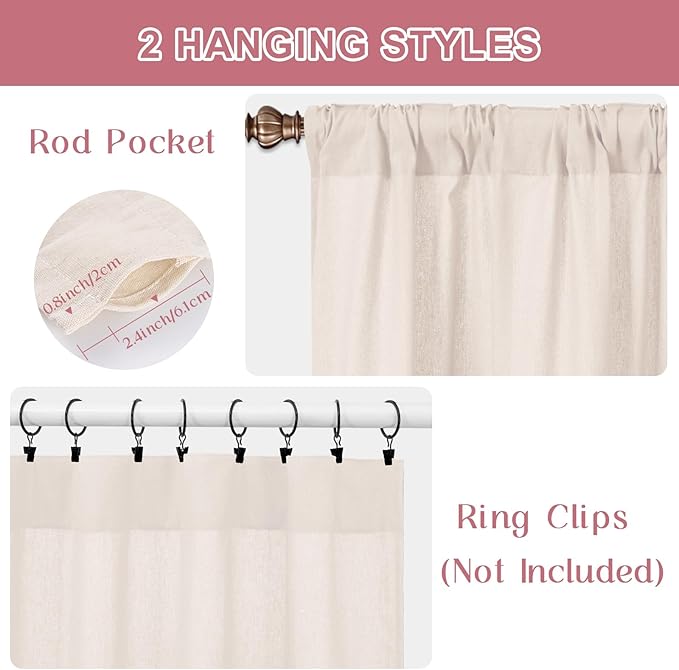 ASPMIZ Boho Linenn Kitchen Curtains 36 Inch Length, Farmhouse Kitchen Window Curtain Over Sink, Red Stripe Short Curtains for Small Windows, Bathroom, Rod Pocket Window Treatment Tiers with Button