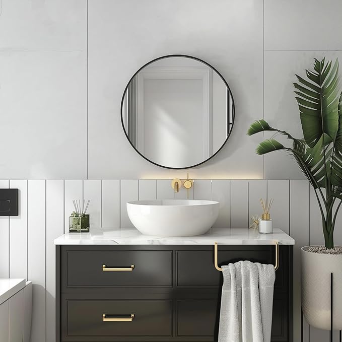 Sunniry Black Circle Mirror, Round Bathroom Mirror 20 inch, Round Wall Mirror Metal Frame, Circle Mirrors for Bathroom, Vanity, Bedroom, Hallway.