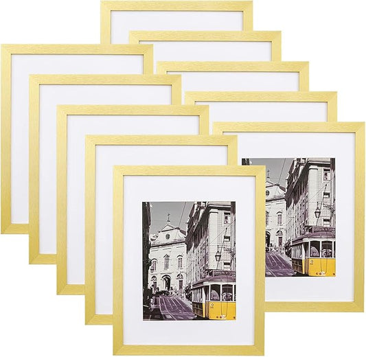 eletecpro 11x14 Picture Frames Set of 10, Picture Frame Collage Wall Decor Display 8x10 Photo with Mat or 11x14 without Mat, Home Decor Gallery Wall Frame for Wall Mounting, Gold