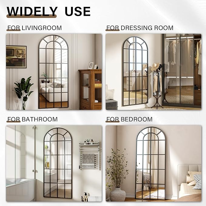 24"×65" Windowpane Arched Full Length Mirror, Grid-Designed Decorative Farmhouse Full Body Floor Mirror with Metal Frame Hanging Leaning for Entryway, Living Room, Home Decor, Black