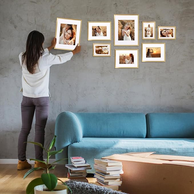 Giftgarden 14 Pack Gold Picture Frames with Mat for Various Sizes Photos, Assorted Matted Frame Set Including Two 11x14, Six 8x10, Six 5x7, Gallery Frame Collage for Wall or Tabletop Display