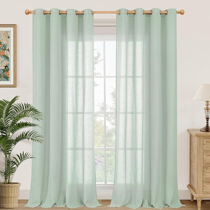 YoungsTex Mint Green Linen Semi Sheer Curtains 84 Inches Length for Living Room Spring Decor - Sage Light Filtering Drapes with Grommet Boho for Bedroom Dining Lightweight, 2 Panels, 52 X 84 Inch