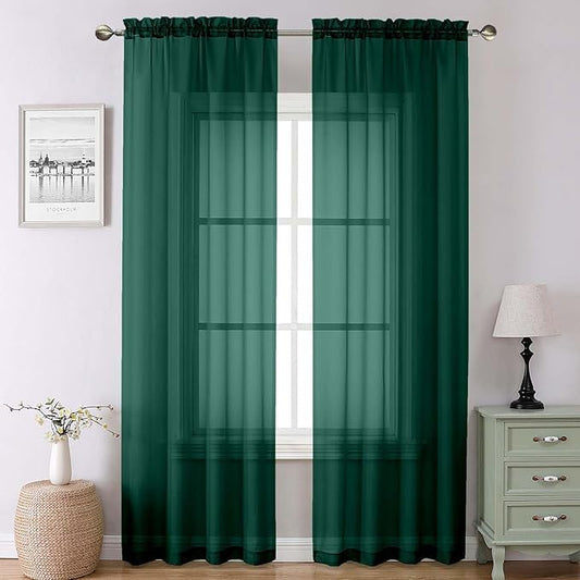 Lecloud Hunter Green Sheer Curtains 90 Inches Long 2 Panels, Airy Voile Solid Curtains, Gauzy Stylish Aesthetic Windows Decor Drapes with Rod Pocket for Bedroom Living Room, Each 42" W x 90" L