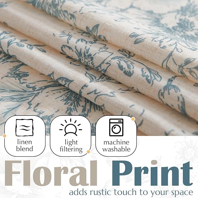 jinchan Linen Floral Valance Double Layer Kitchen Window Curtain Blue Flower on Beige Valance for Living Room Cafe Farmhouse Light Filtering Rustic Country Curtain 18 Inch Rod Pocket 1 Panel