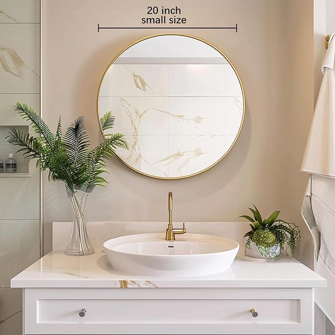 Sunniry Gold Circle Mirror, Round Mirror 20 inch, Gold Mirror Metal Frame, Round Wall Mirrors for Bathroom, Bedroom, Living Room, Entryway.