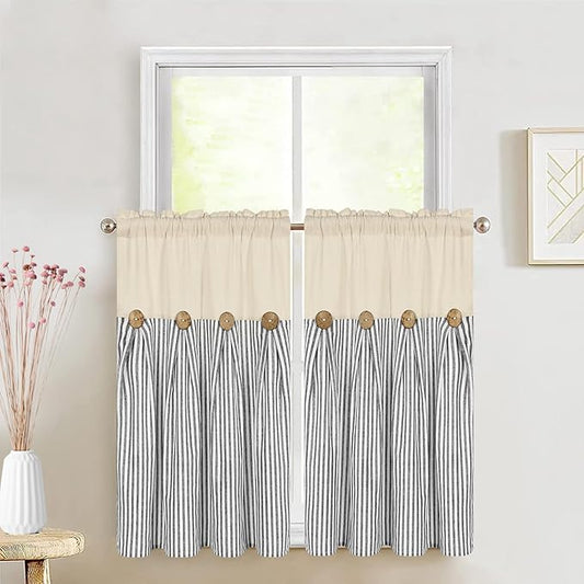 ASPMIZ Cotton Linen Farmhouse Kitchen Curtains, Grey Stripe Tier Curtains 36 Inch Lenth, Boho Rustic Button Short Rod Pocket Curtain for Small Window, Half Window Curtain for Kitchen Cafe, 2 Panels