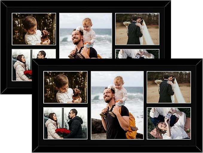Golden State Art, Set of 2, 12x24 Black Wood Picture Frame - Black Mat for 8x10 And 5x7 Photos - Tempered Glass, Sawtooth Hanger, Swivel Tabs - Wall Mounting - Great for Gift