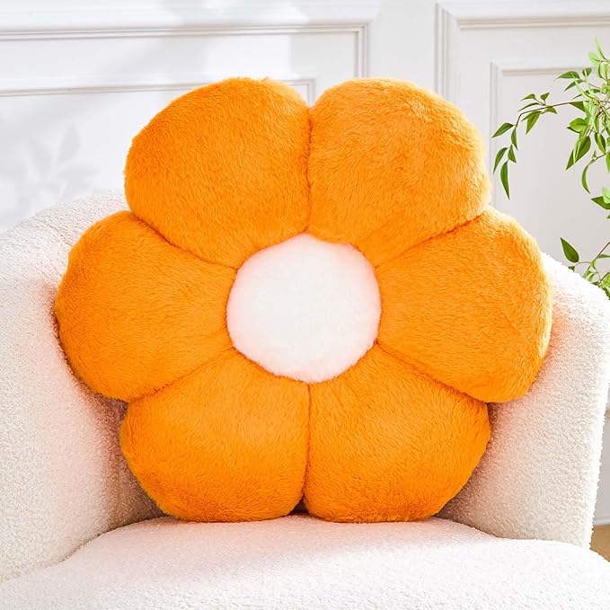 Kcvvcr Flower Pillow Cute Decorative Throw Pillow with Faux Rabbit Fur Soft Daisy Plush Floor Cushion Aesthetic Flower Shaped Pillow Home Decor for Bed Sofa Couch (Orange 14.9 Inch)