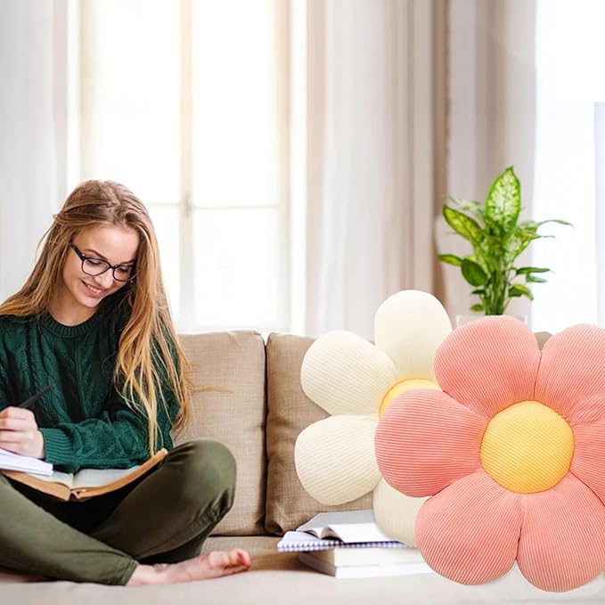 CANGHI 3Pcs Flower Pillow - Flower Shaped Throw Pillow Seating Cushion, Cute Daisy Flower Pillow Floor Pillows for Adults Kids Home Bedroom Sofa Chair Couch Decor (White/Green/Purple, 15.74 in)
