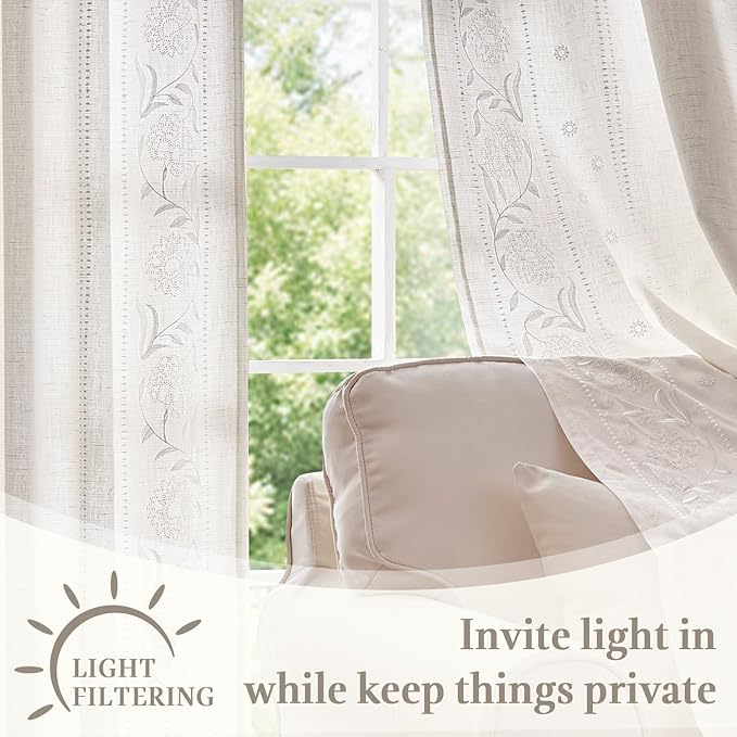 jinchan Winslow Lined Linen Curtains for Bedroom 84 Inches Linen Blended Embroidered Bordered Floral Curtains for Living Room Farmhouse Decor Window Treatments White on White Drapes 2 Panels