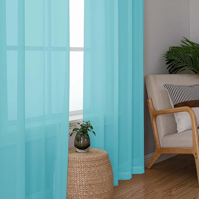OWENIE Aqua Sheer Curtains 84 Inches Long for 2 Panels Set, Solid Light Filtering Voile Sheer Curtains for Living Room Bedroom, Modern Rod Pocket Aqua Curtain, 2 Pcs Total 84 Width 84 Long