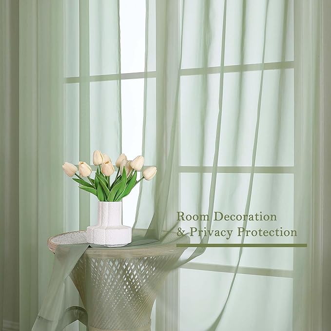 Lecloud Sage Green Sheer Curtains 108 Inches Long 2 Panels, Extra Wide Airy Voile Sheer Curtains, Elegant Rustic Light Filtering Window Curtain Drapes for Living Room Balcony, 59" W x 108" L