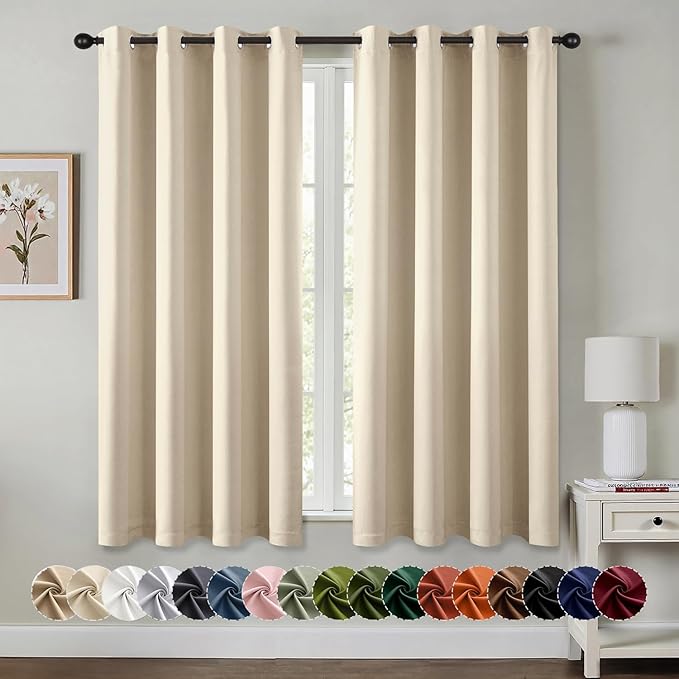 MIULEE Cream Beige Blackout Curtains for Bedroom Living Room 63 Inches Long 2 Panels, Thermal Insulated Room Darkening Drapes Grommet Noise Reducing Light Blocking Window Treatments 50x63 Inch