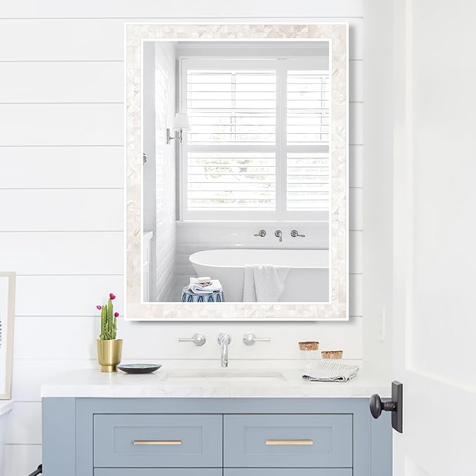 Tanmicoshomy White Shell Framed Rectangular Mirrors for Bathroom, 30x48 Inch Lagre Mirrors with Tempered Glass for Bedroom Living Room or Entryway, Horizontal or Vertical Hanging