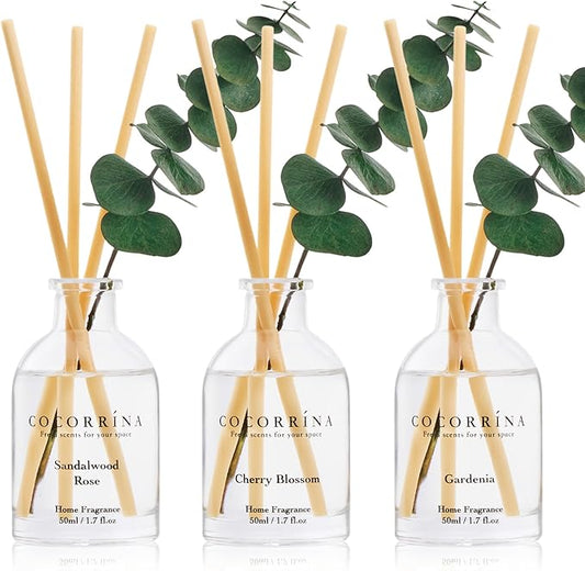 COCORRÍNA Eucalyptus Reed Diffuser Set of 3 - Sandalwood Rose, Cherry Blossom, Gardenia Scents, 1.7 fl oz Each, Total 5.1 oz, Scented Oil Diffusers for Home & Office