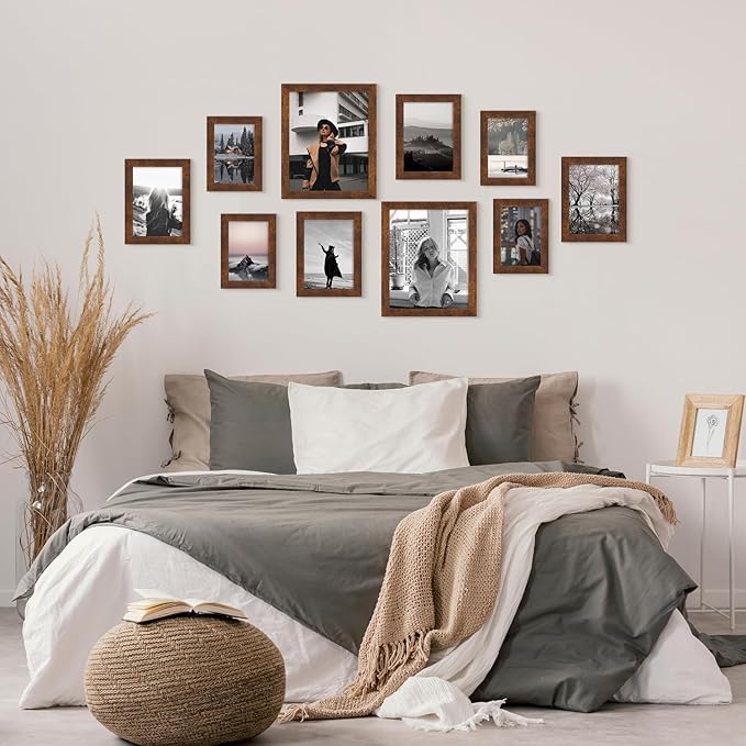 iRahmen Collage Picture Frames Set of 10, Wall Decor for Mounting or Tabletop Display, Family Photo Gallery Frame Set - Multi Sizes Including Two 8x10, Four 5x7, Four 4x6, HD Glass, Rustic Wood, Dark Brown