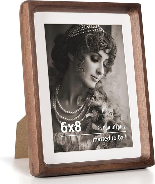 Fun Memories 6x8 Picture Frame, USA-Sourced Walnut Wood Photo Frames with HD Tempered Glass, Handcrafted Rounded Corner 6 x 8 Wooden Frames Matted to 5x7 Photos, 6x8 Frame, Tabletop or Wall Display