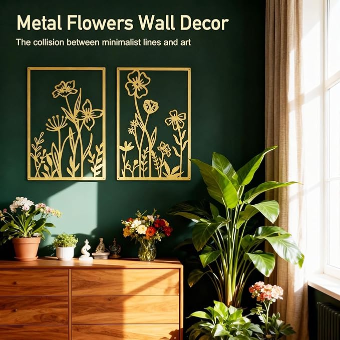 Sokurdeg Gold Metal Flowers Wall Decor, Minimalist Floral Metal Wall Hanging Art for Bedroom Bathroom Living Room (4 Pcs, 12 x 17 in)