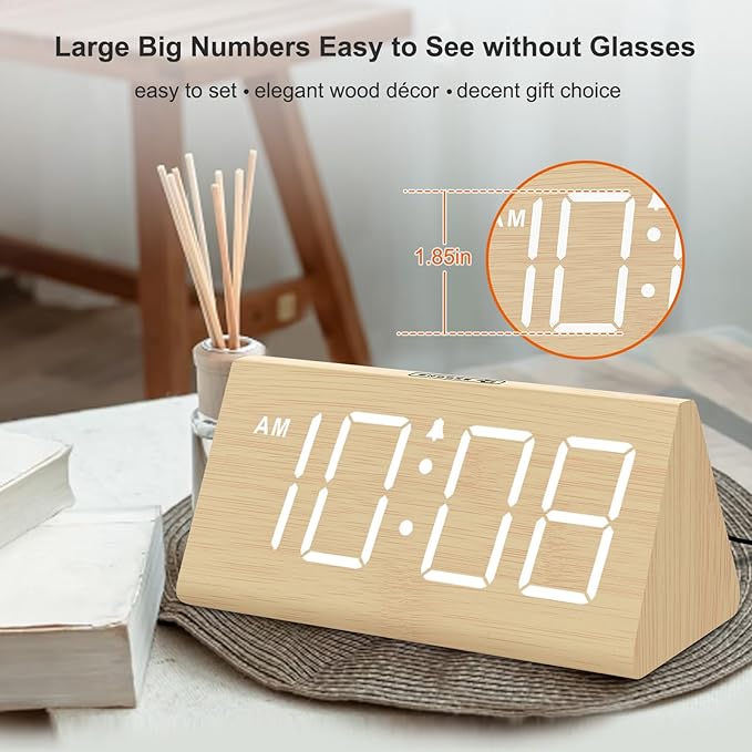 DreamSky Wooden Digital Alarm Clocks for Bedrooms - Electric Desk Clock with Large Numbers, USB Port, Loud Alarm for Heavy Sleepers, Adjustable Volume, Dimmer, Snooze, DST, Wood D??cor, Adapter Powered