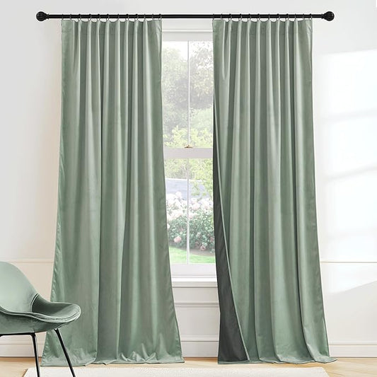 RYB HOME Mint Green Velvet Curtains 90 inches Long, Room Darkening, Floor-Length, Coastal Style Velvet Drapes with Hook Belt for Nursery Living Room Office, 52" W x L90 L, Auqa