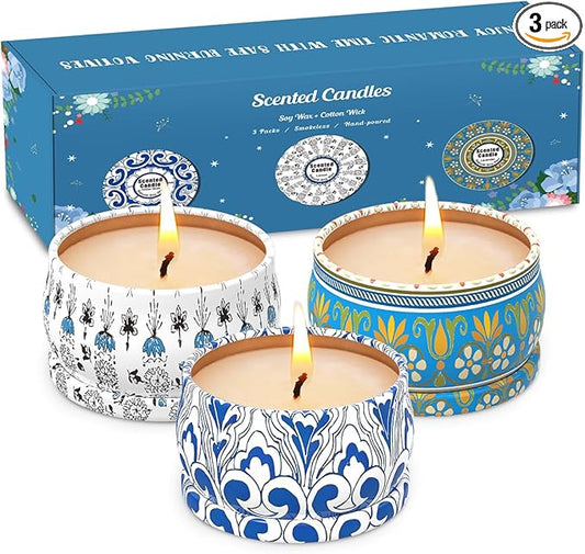 Scented Candles Gift Set, 3-Pack 2.5oz Soy Wax Candles – Amber Musk, Lemon, Lavender Scents – Portable Travel Tin Candle, Smokeless and Hand-Poured for Home, Yoga, Meditation and Gifts