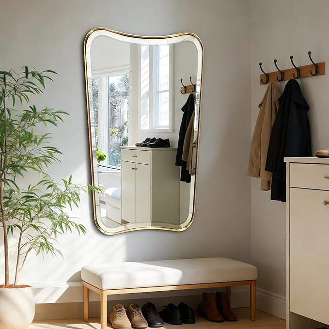 POZINO Brushed Gold Beveled Mirrors, 24"x40" Bathroom Vanity Mirror for Over Sink, Butterfly Shaped Mirrors Decorative, Modern Rectangle Aesthetic Wall Mirror for Living Room Bedroom Hallway Entryway