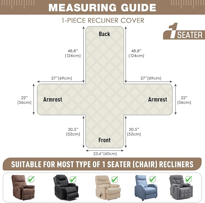 TAOCOCO 100% Waterproof Recliner Chair Cover, Non Slip Recliner Covers for Recliner Chair with Pocket, Washable Reclining Chair Cover Furniture Protector for Kids, Pets(23.6'', Cream)