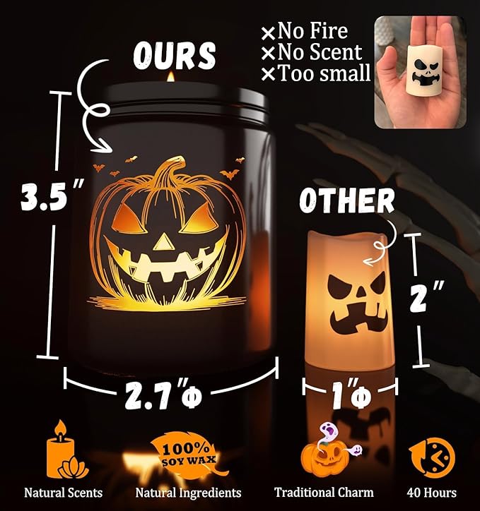 Halloween Decor Indoor-Halloween Gifts Candles for Women with LED Pumpkin Face,Fall Candles with Pumpkin Spice Scent Over 40 Hours of Burn Time, Gift for Home Fall Decorations Indoor, 100% Soy Wax