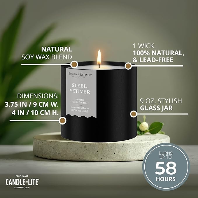 Candle-lite Rugged & Refined Scented Candle for Men, Steel Vetiver, 9 oz Tin, Poured in The USA, Masculine Fragrance, 1-Wick, 58 Hours of Burn Time, Ideal Gift for Man in Your Life & Father's Day