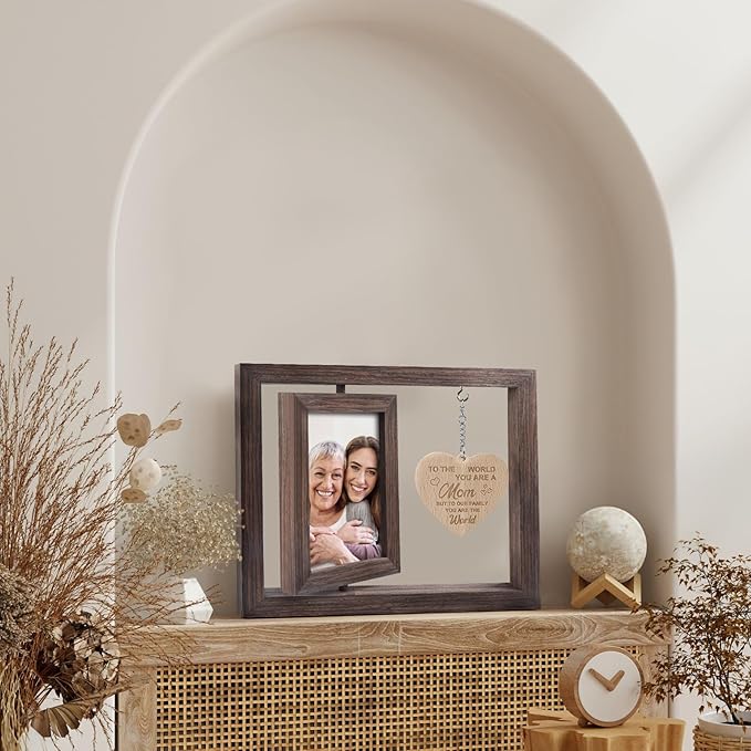Egofine Gifts for Mom Mothers Day Picture Frames, Mom Picture Frame with Warm Heart Pendant, Mother's Day Gifts from Daughter/Son, Double Sided Rotating Frame for 4x6 Photo