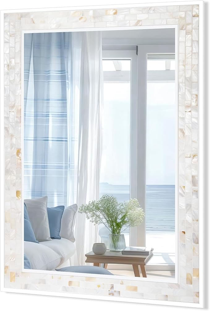 Tanmicoshomy White 24 x 36 Inch Rectangle Bathroom Mirrors for Wall, Natural Shell Inlay Mosaic Mirrors with Tempered Glass for Bedroom, Living Room or Entryway, Horizontal or Vertical Hanging