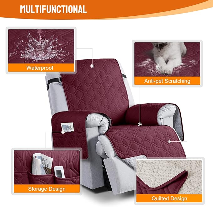 VANSOFY 100% Waterproof Recliner Chair Covers, Recliner Cover Non-Slip Dog Chair Cover Furniture Protector Washable Slipcover with Pocket, Elastic Straps for Pets, Dogs(Burgundy, 25")