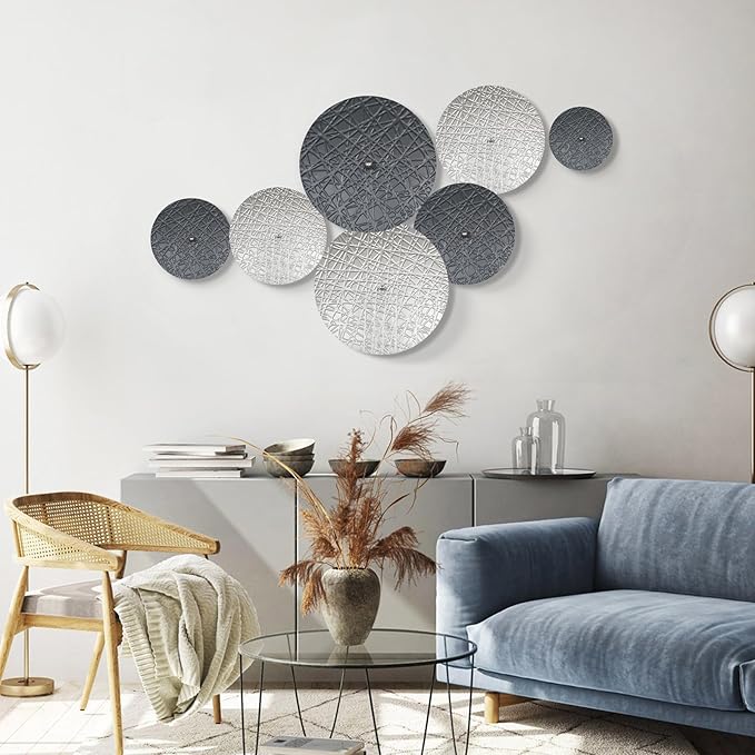Silver and Gray Metal Wall Decor for Living Room, 7PCS Hanging Wall Art Sculptures for Office Dining Room Decoration, Modern Silver Home Decor for Apartment Bedroom New Home Gift