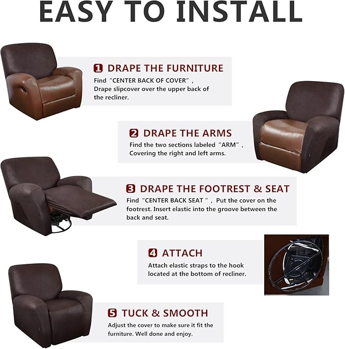 ANARACHON Recliner Chair Covers Leather Like, 4 Pieces Recliner Cover for Recliner Chair, Soft Sofa Slipcover Furniture Protector Washable Sofa Cover for Pets Kids (Dark Gray)