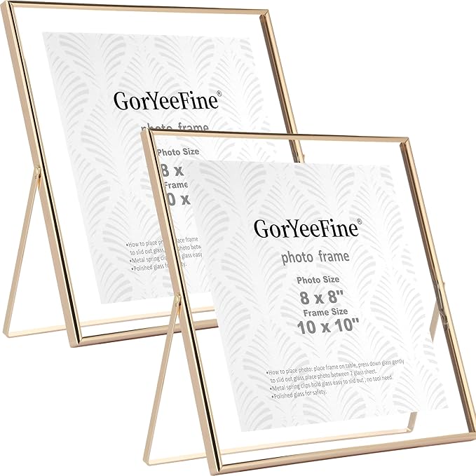 Gold 10x10" Floating Frame 2 Pack for Photo Size(5x5'',6x6'',8x8''),Adjustable Tabletop/Shelf floating Photo Frame,Classy Metal Gift Frames for Wedding,Thanksgiving,Christmas,Birthady,Home or Office Decor.