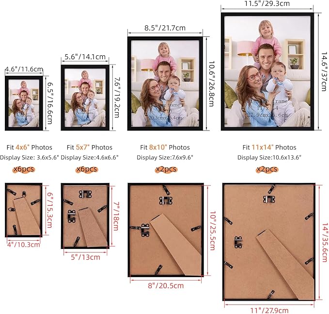 Giftgarden 16 Pack Black Picture Frames for Multi Sizes Photos, Assorted Set Including Two 11x14, Two 8x10, Six 5x7, Six 4x6, Gallery Collage Frame for Wall or Tabletop Display