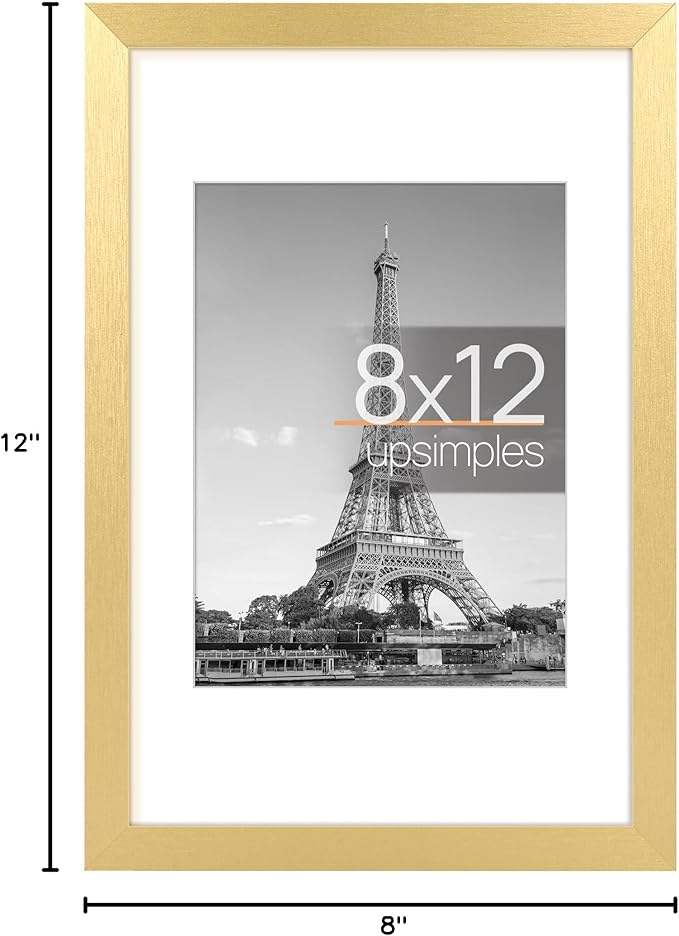 upsimples 8x12 Picture Frame, Display Pictures 6x8 with Mat or 8 x 12 Without, Wall Hanging Photo Frames, Gold, 1 Pack