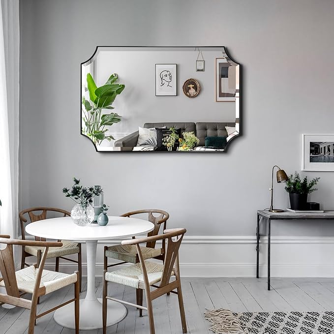 POZINO Modern Beveled Mirror, 24"x36" Bathroom Vanity Mirror for Over Sink, Matte Black Rounded Corner Rectangle Wall Mirrors for Living Room Bedroom Entryway, Horizontal or Vertical Hanging