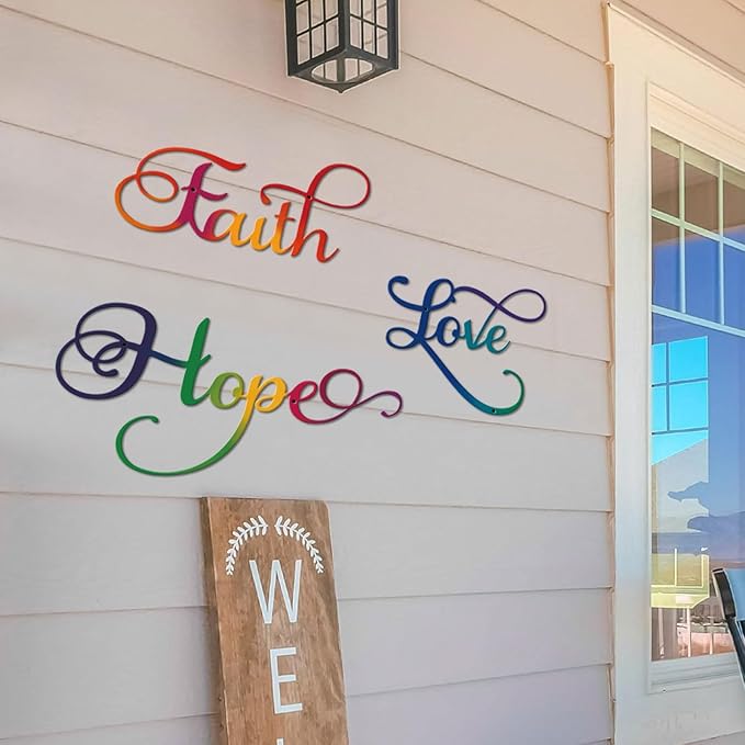 ESTART Faith Hope Love 3 Pieces Metal Wall Decor Inspirational Black Letter Sign Wall Art Rustic Vintage Farmhouse Word Metal Sign Family Wall Decor for Home Bedroom Living Room Office (Colorful)