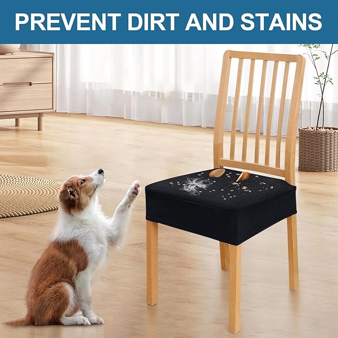 Smiry Waterproof Seat Covers for Dining Room Chairs Set of 6, Stretch Jacquard Removable Washable Chair Seat Slipcovers Protector, No Rear Covers, Black