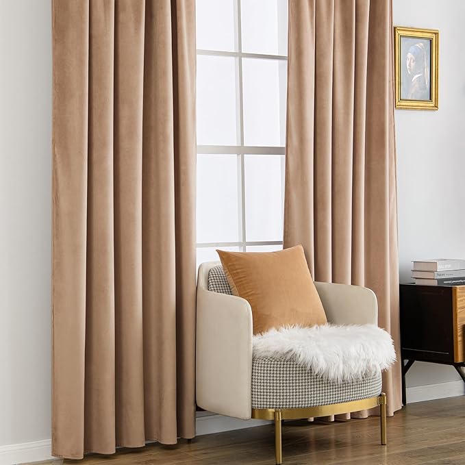 MIULEE Blush Beige Velvet Curtains 108 inches - Luxury Blackout Curtains for Bedroom Living Room Thermal Insulated Super Soft Window Drapes Rod Pocket & Back Tab, W52 x L108 inches, 2 Panels