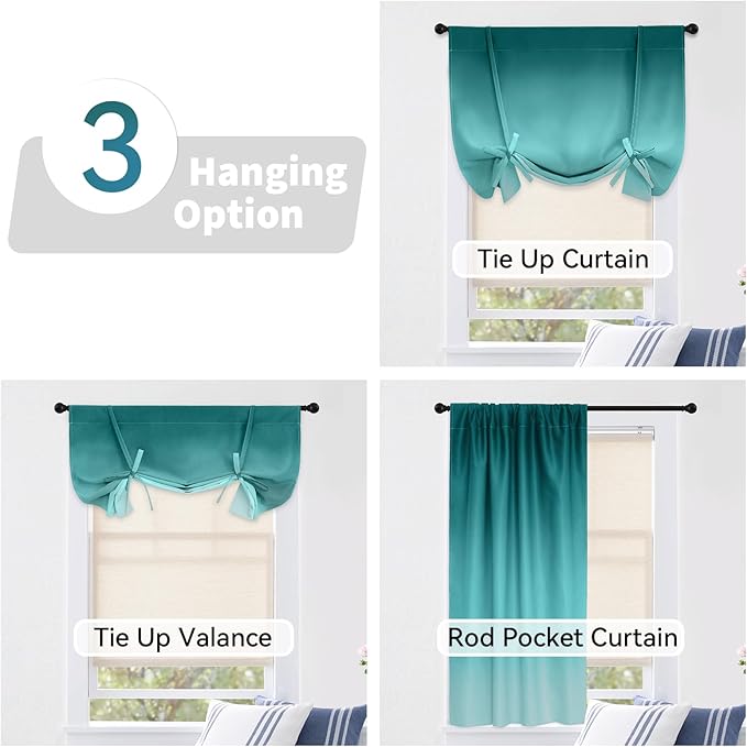 COSVIYA 100% Blackout Ombre Teal Adjustable Tie Up Curtains for Kitchen Thermal Insulated Room Darkening Valance Rod Pocket Balloon Roman Shade for Small Window,48" L x 34" W, 1 Panel