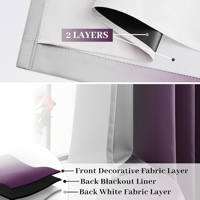 COSVIYA 100% Blackout Purple Ombre Curtains for Bedroom with White Back, 2 Thick Layers Thermal Insulated Room Darkening Grommet Window Drapes, 52x84 Inch, 2 Panels