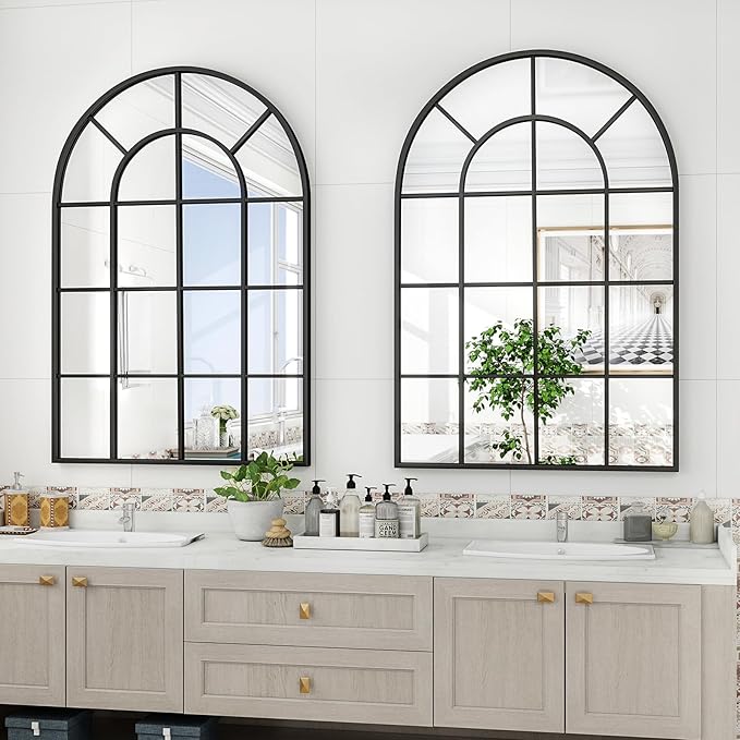 24"×36" Windowpane Arched Wall Mirror, Grid-Designed Decorative Farmhouse Wall Mounted Mirror with Metal Frame Hanging Leaning for Entryway, Living Room, Home Decor, Black
