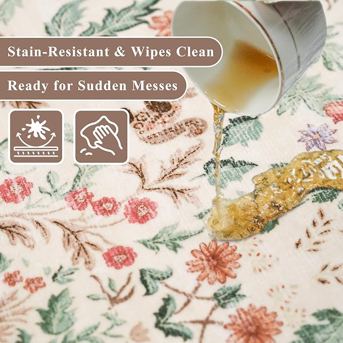 3x15 Ft Long Hallway Runner Rug - Non-Slip Washable Kitchen Runner Rug with Rubber Backing | Botanical Vintage Florals Wide Floor Carpet Runner for Indoor Entryway, Bedroom, Living Room Cream, 3x15